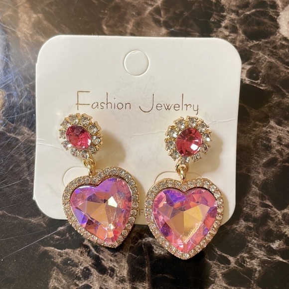 Iridescent Pink Heart Drop Earrings - Picture 10 of 11